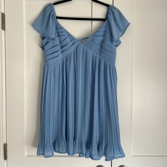 Amalfi Coast Light Blue Pleated Flutter Sleeve Mini Dress - Picture 2 of 5